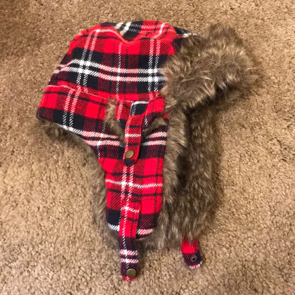 trapper hat with cute red flannel exterior